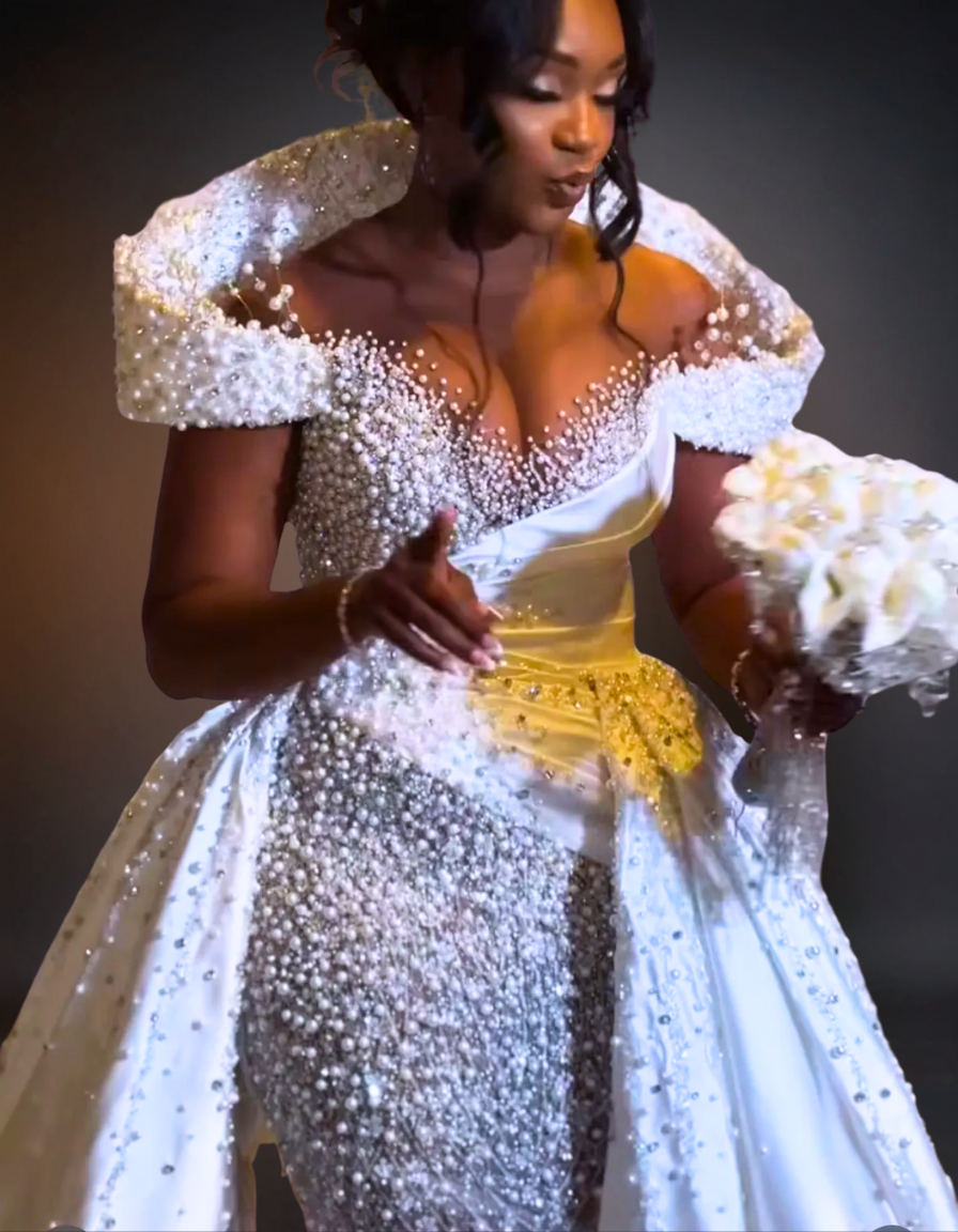 Luxury Pearls Overskirts Mermaid Wedding Dress | Off Shoulder High Neck