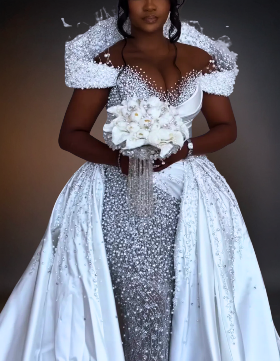 Luxury Pearls Overskirts Mermaid Wedding Dress | Off Shoulder High Neck