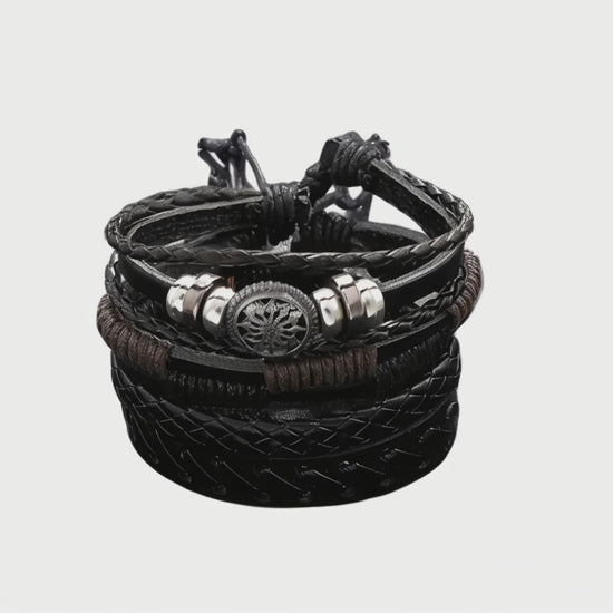 Vintage Leather Woven Bracelet Set, Handmade Charm Bracelets, Trendy Bracelets