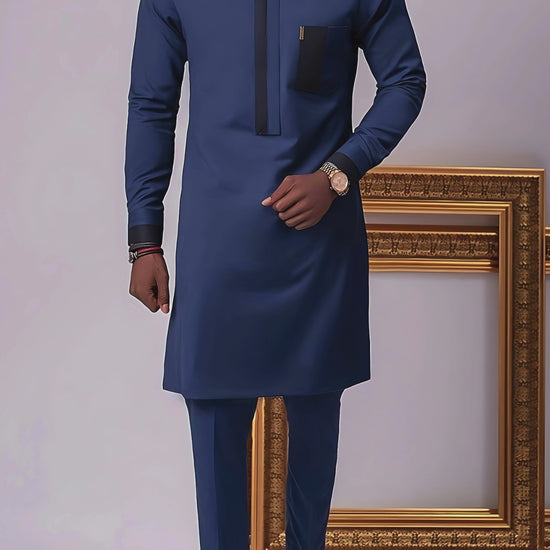 African Men Kaftan, Men's Outfit Set, Long Sleeve Robe, Drawstring Trousers, Blue Color