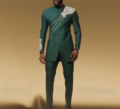 African Men Kaftan Green, Custom Size Senator Wear, Nigerian Clothing for Men, Wedding Attire, Office Wear, Long Sleeve