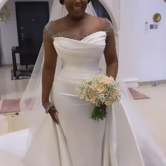  luxury satin mermaid wedding dress with net sleeves 