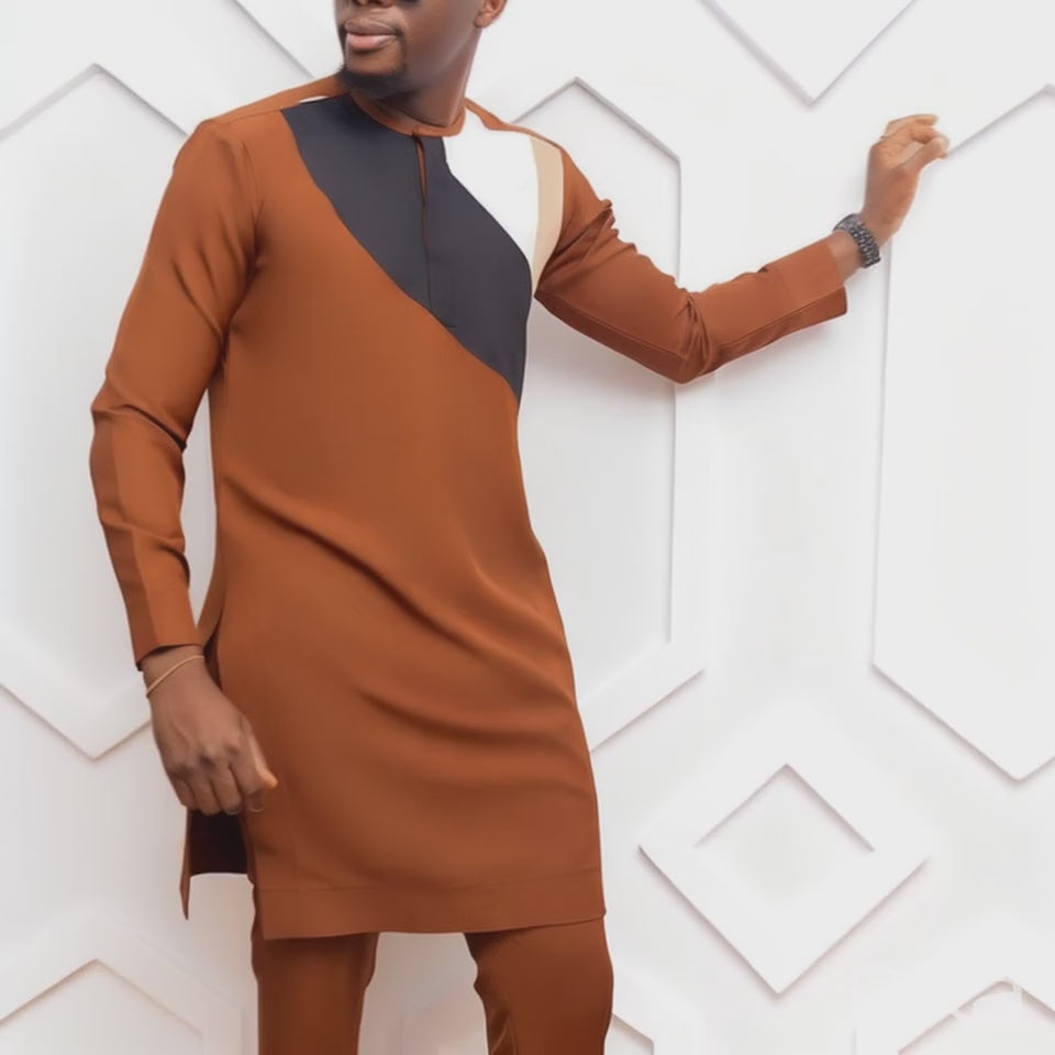 African Men Kaftan, Custom Sized Senator Wear, Brown Design, Traditional Nigerian Clothing