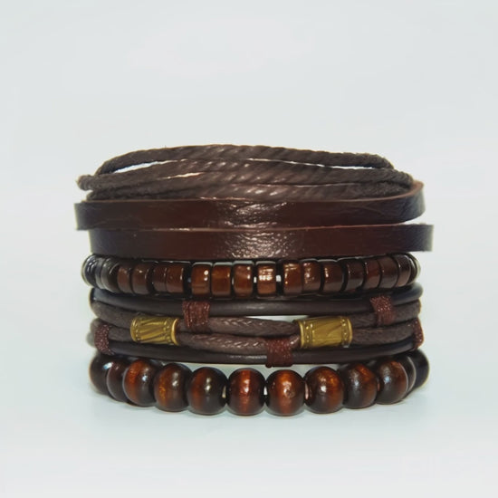 Brown braided leather bracelet set, Stylish wristwear, Trendy fashion accessory, Versatile leather bracelet set.