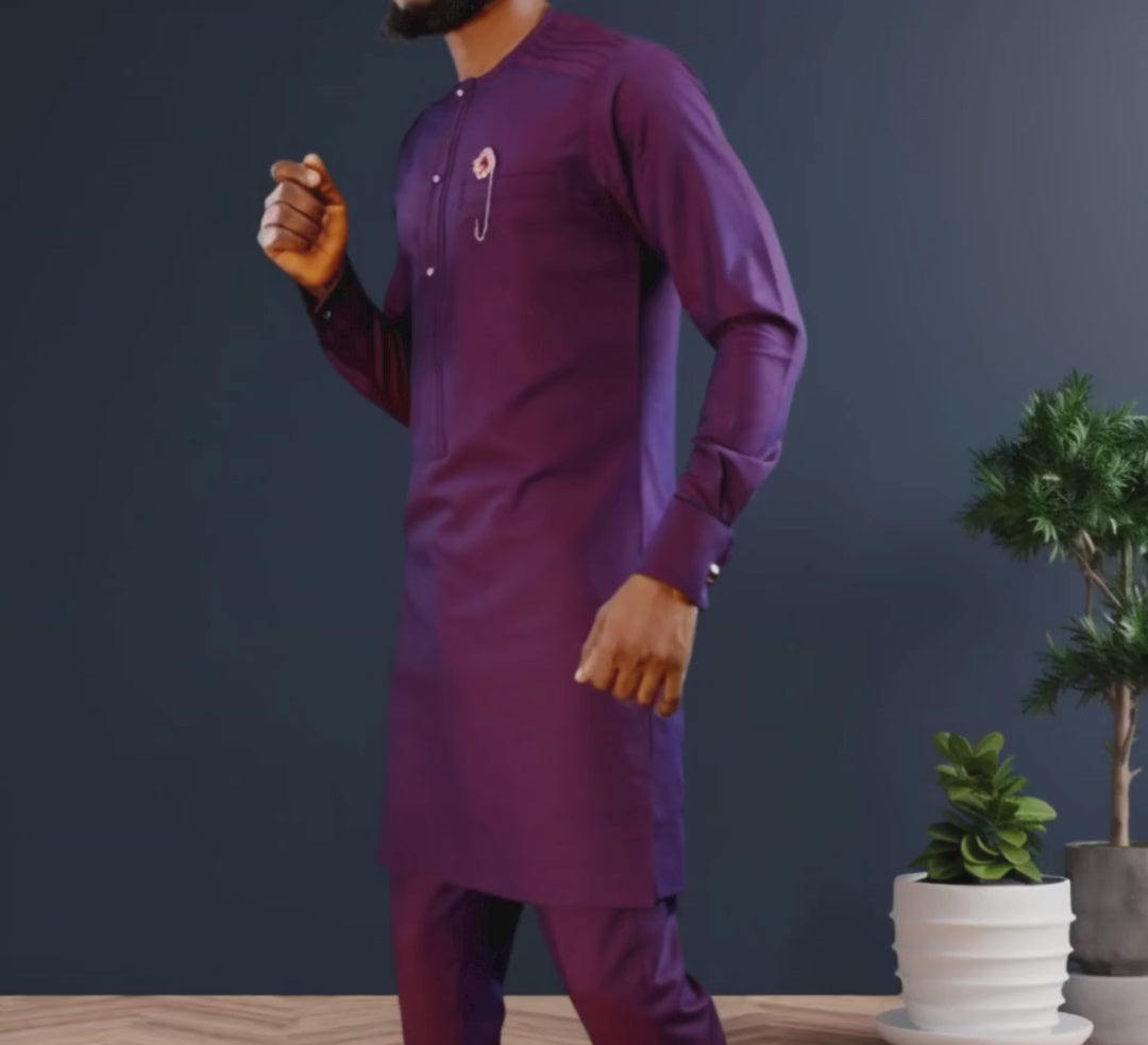 African Men Kaftan, Custom Sizing, Purple Senator Wear, Nigerian Clothing for Men, Wedding Attire, Office Wear, Long Sleeve, Formal Wear, Elegant Men's Fashion