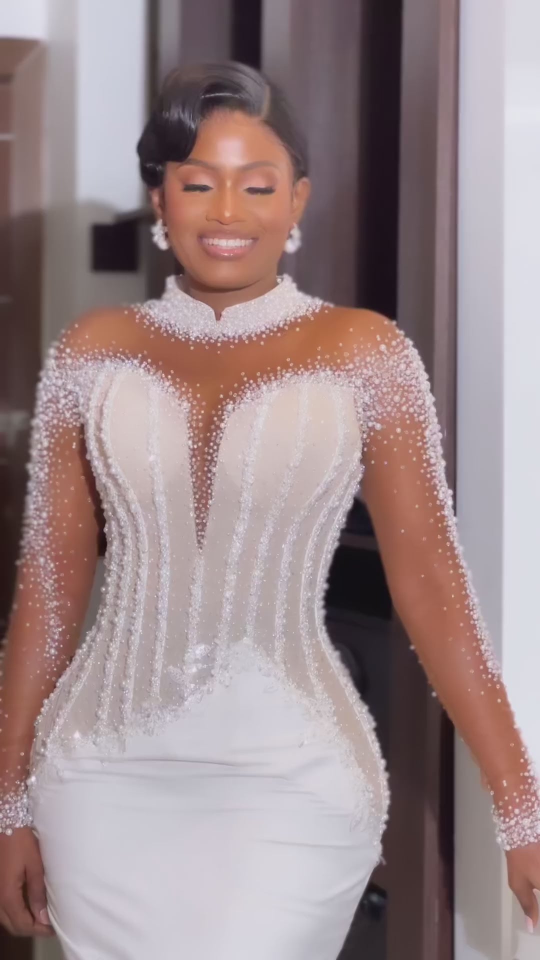 African Mermaid Wedding Dress with Sheer Long Sleeves, Beaded Sequins Bridal Gown, High Collar Wedding Dress