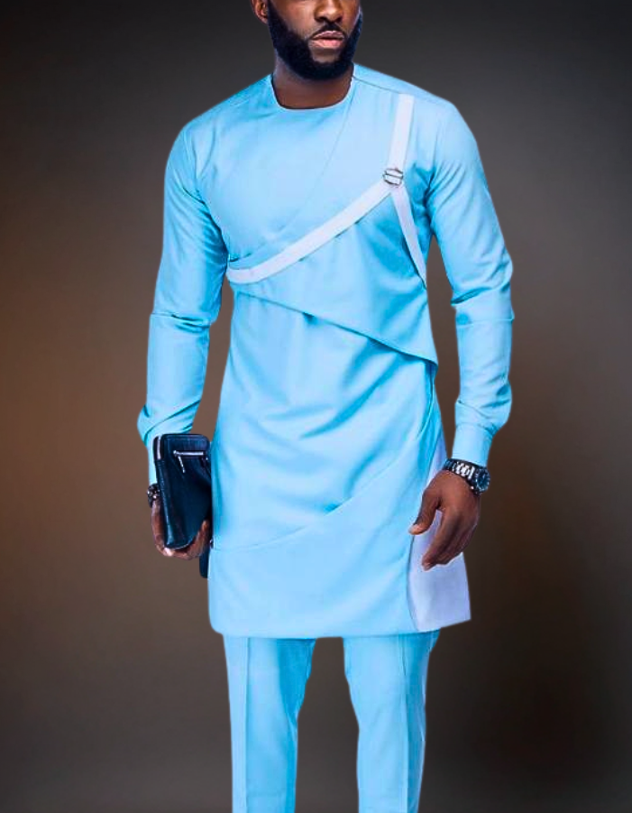 Luxury African Men Kaftan | Custom Sizing | Sky Blue
