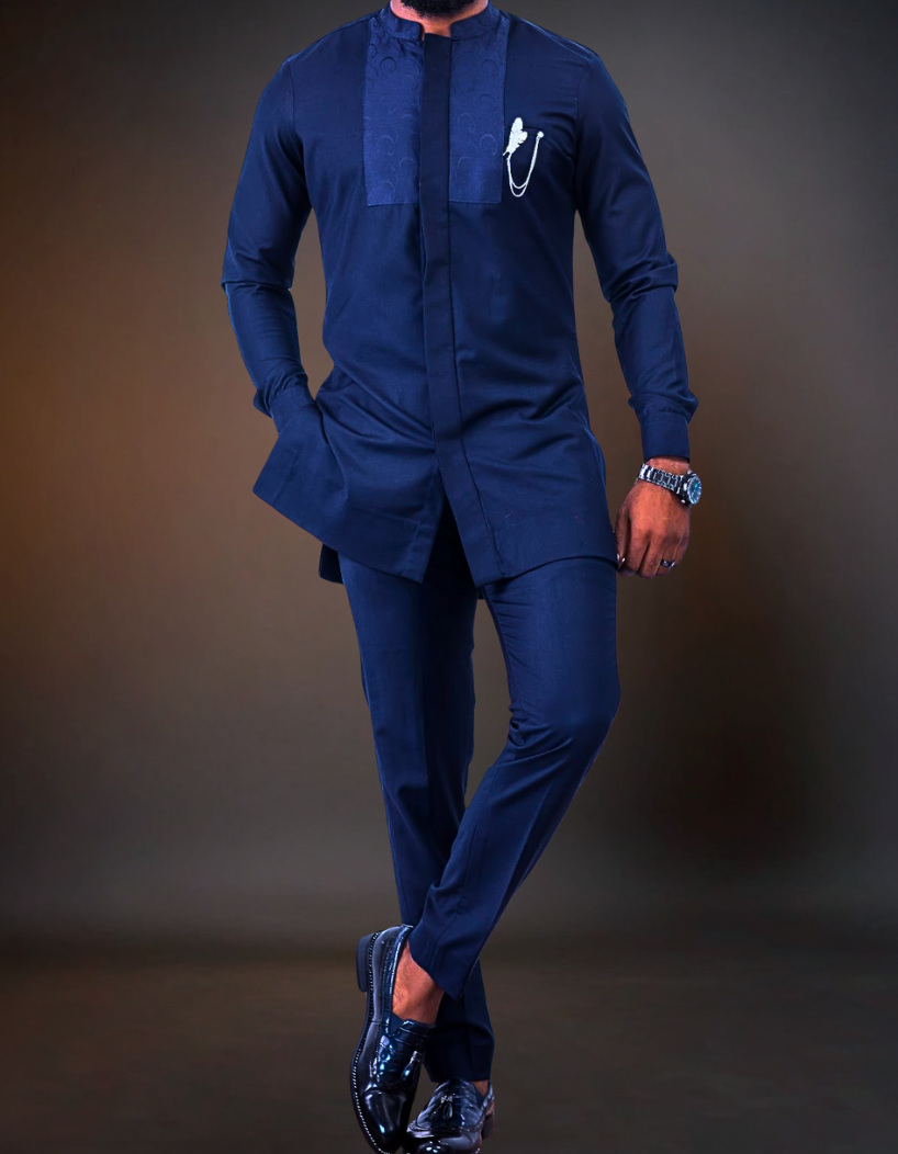 Luxury African Men's Kaftan | Custom Senator Wear | Navy Blue