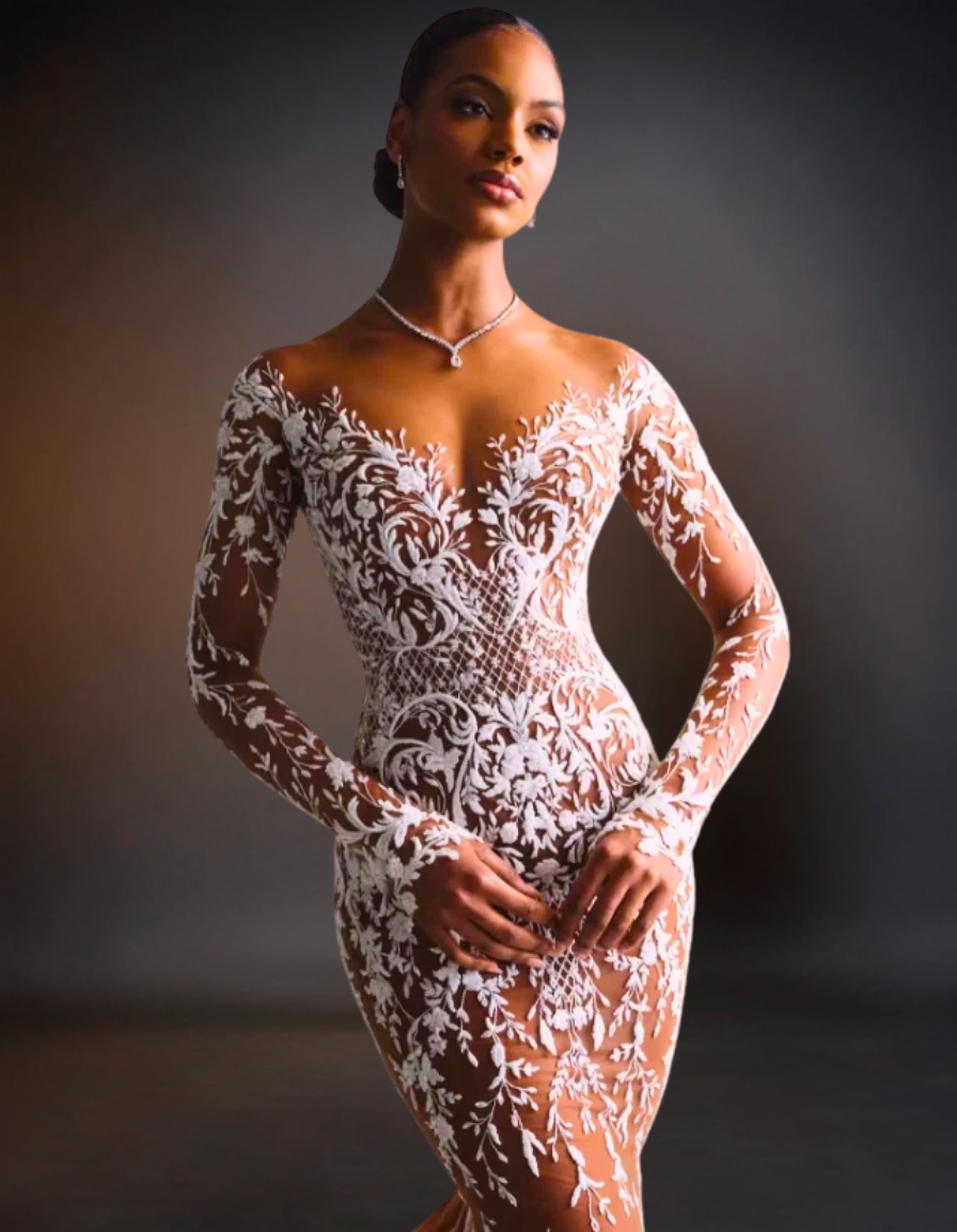 Luxury Champagne Full-Length Wedding Dress | Embroidery Lace