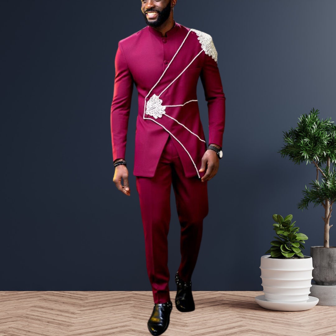 Luxury African Men Kaftan | Custom Sizing | Burgundy