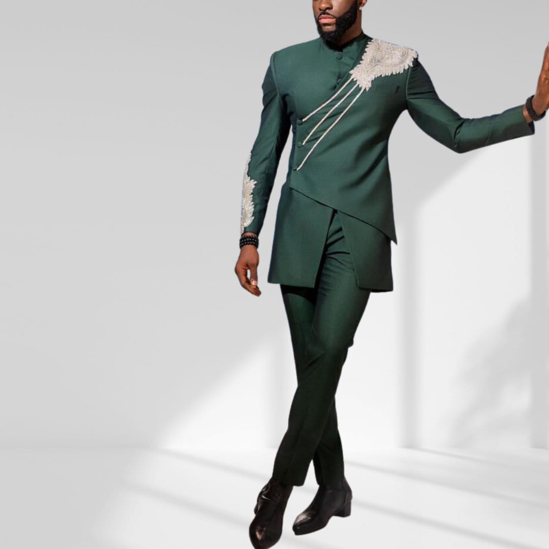 African Men Kaftan Green, Custom Size Senator Wear, Nigerian Clothing for Men, Wedding Attire, Office Wear, Long Sleeve