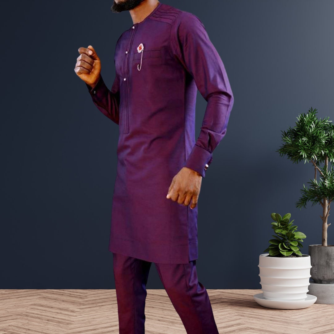 African Men Kaftan, Custom Sizing, Purple Senator Wear, Nigerian Clothing for Men, Wedding Attire, Office Wear, Long Sleeve, Formal Wear, Elegant Men's Fashion