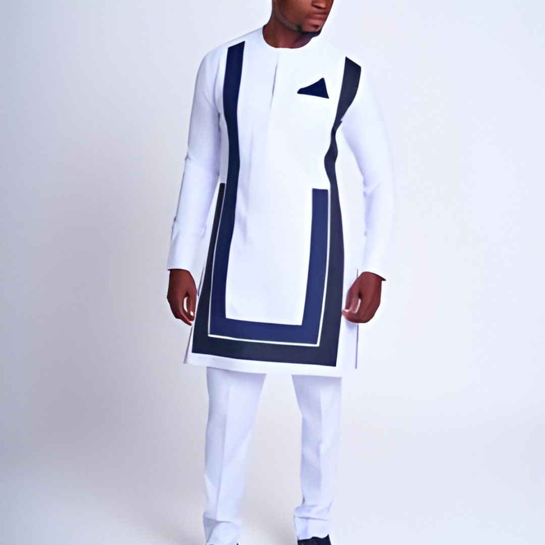 African Men's Kaftan | Custom Senator Wear | White with Blue Design