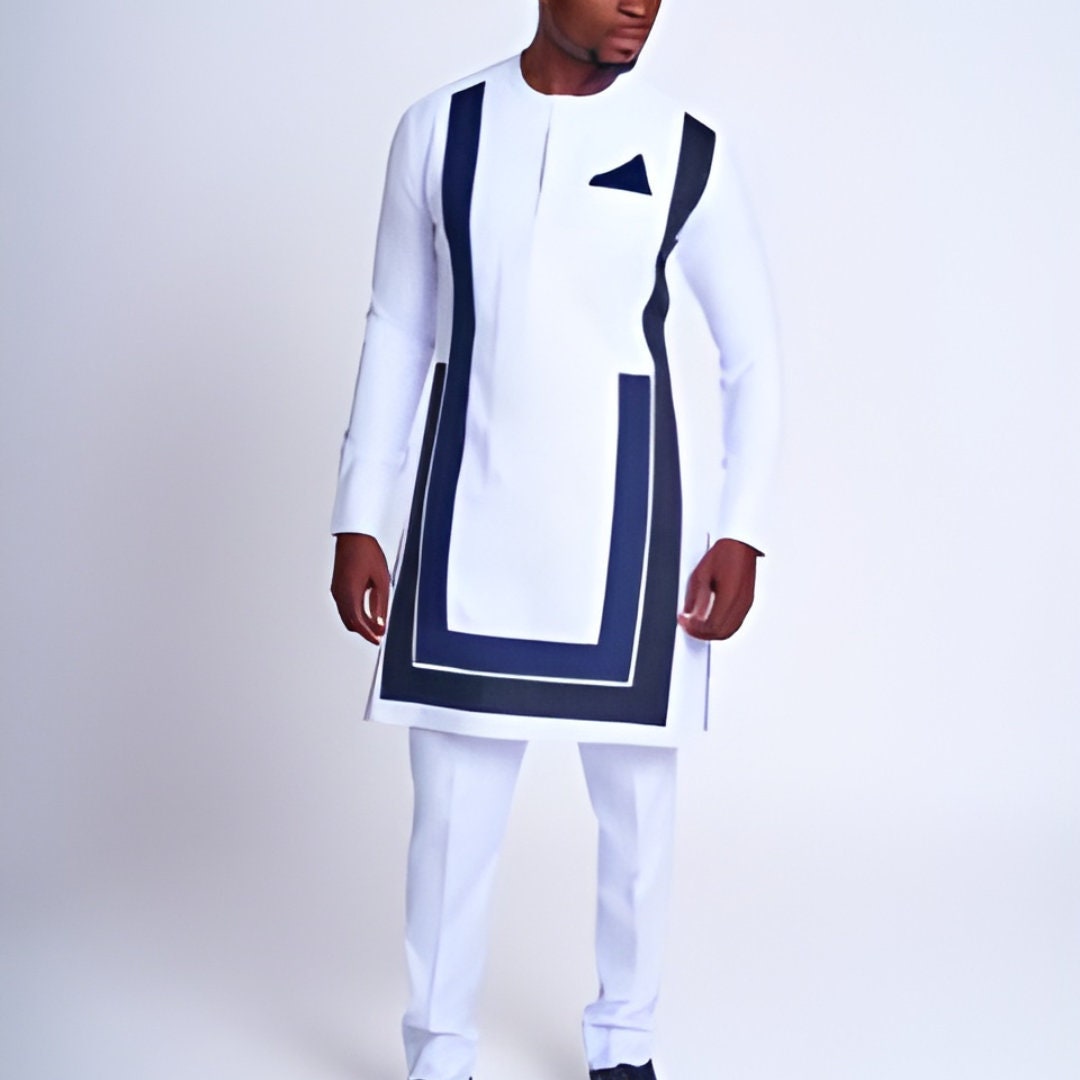 African Men's Kaftan in White & Blue.