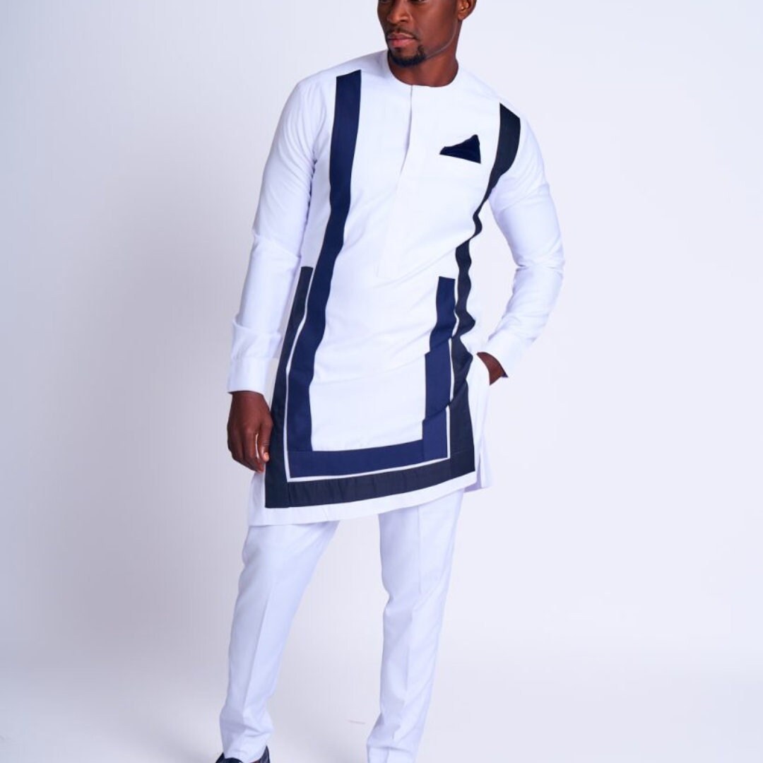 African Men's Kaftan | Custom Senator Wear | White with Blue Design
