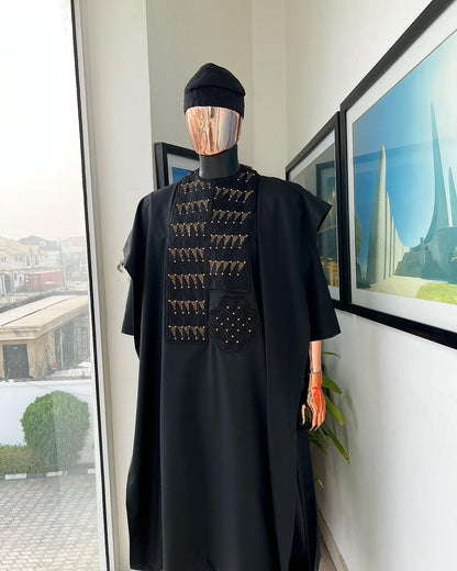 Luxury Black Agbada for Men, Custom-sized African Suit, Wedding Attire, Men's Fashion, Black Agbada