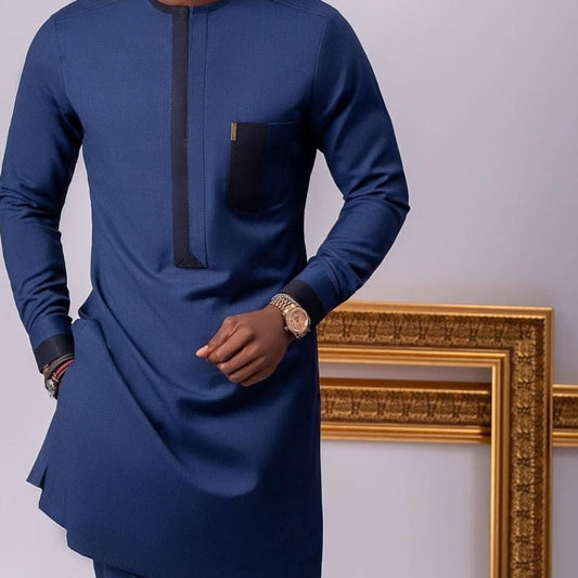 African Men's Kaftan in BlueAfrican Men Kaftan Blue, Custom Sized Senator Wear, Nigerian Clothing for Men, Wedding Attire Office Wear