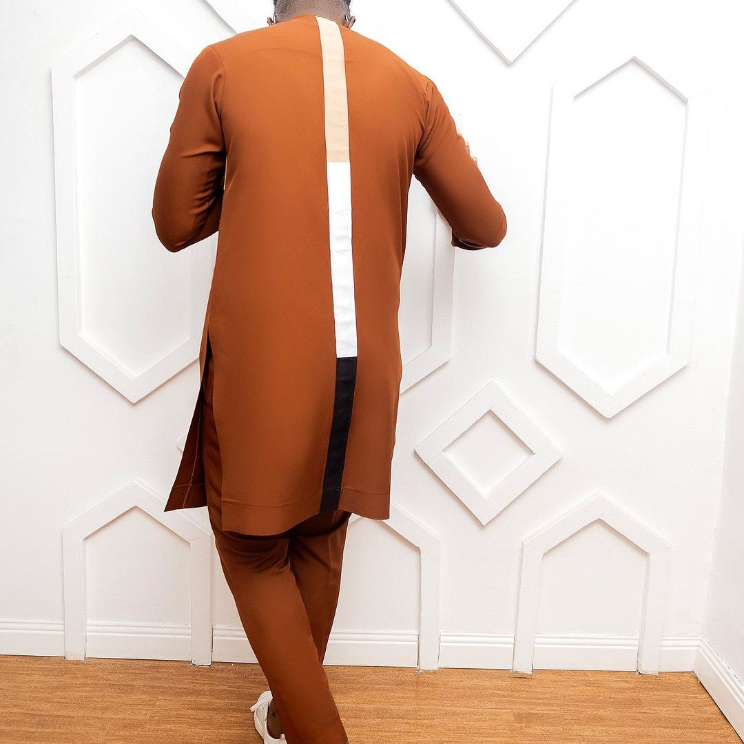 African Men Kaftan, Custom Sized Senator Wear, Brown Design, Traditional Nigerian Clothing