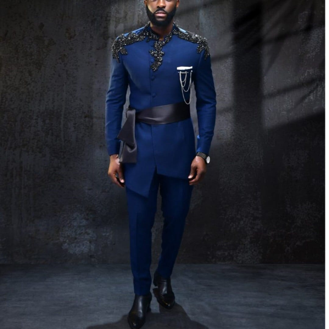 African Men Kaftan, Navy Blue Senator Wear, Custom-sized Men's Clothing, Luxury Wedding Attire