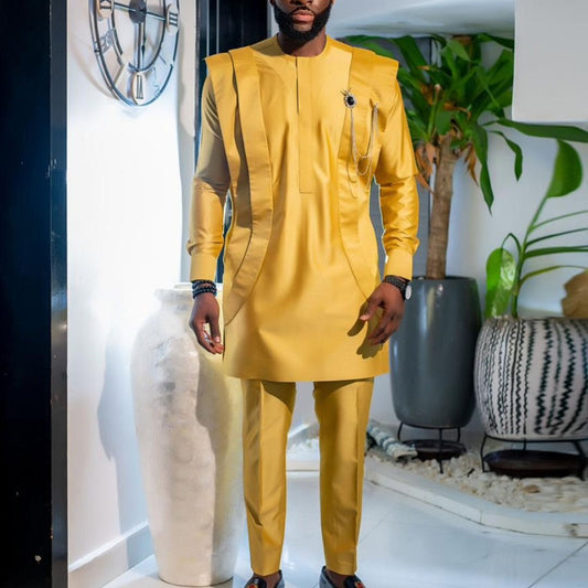 Gold African Men Kaftan, Custom-sized Senator Wear, Nigerian clothing for men, Traditional African fashion