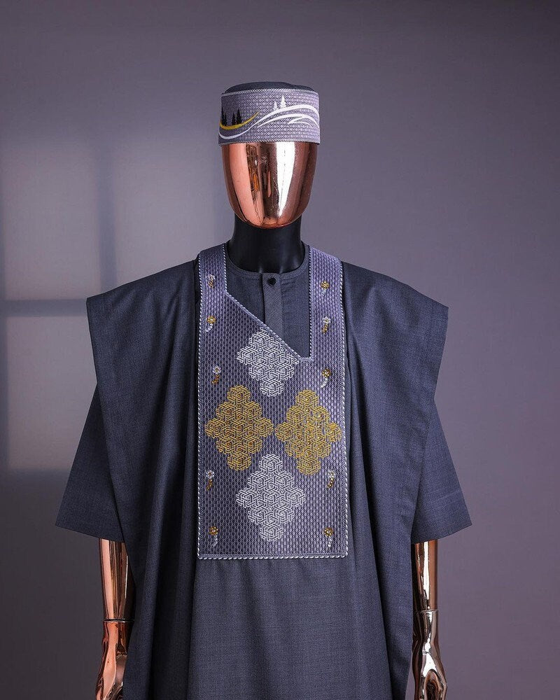 Luxury Grey Agbada, African Suit for Men, Nigerian Clothing for Men, Wedding Attire, Custom-sized Agbada